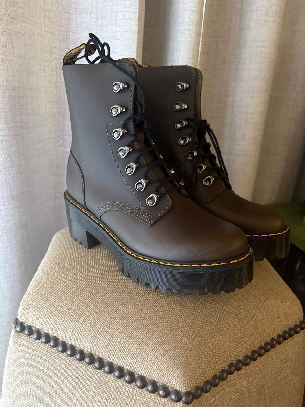 Dr. Martens Leona Dark Taupe Lace-Up Platform Boots with Yellow Stitching
